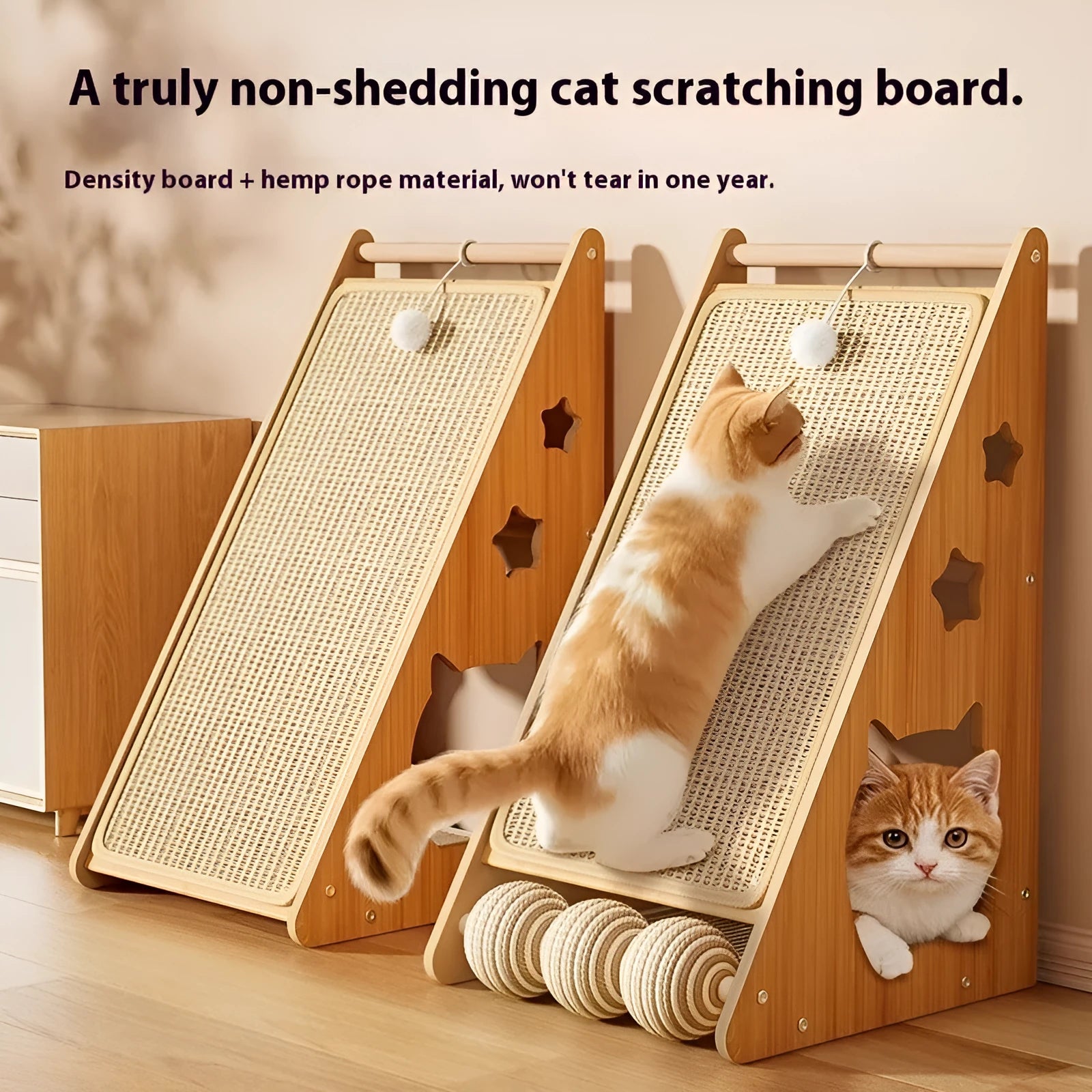 Vertical cat scratching board mounted on wall with sisal scratching surface and hemp rope toy ball