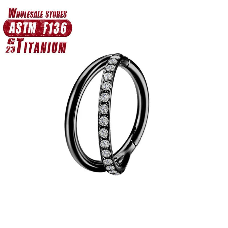 Titanium alloy L-shaped fork nose ring in silver, gold, black, rose gold and colourful finishes on a white background.