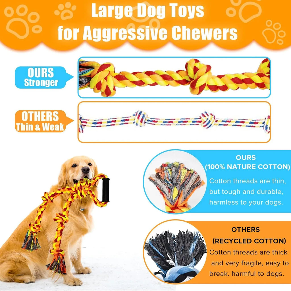 Blue and yellow heavy cotton rope dog toy with non-slip handles for large breed tug-of-war.