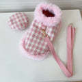 Pink polyester cat costume with beret, cloak featuring hand-holding rope design, and a drawstring for traction.