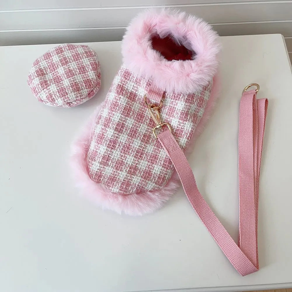 Pink polyester cat costume with beret, cloak featuring hand-holding rope design, and a drawstring for traction.