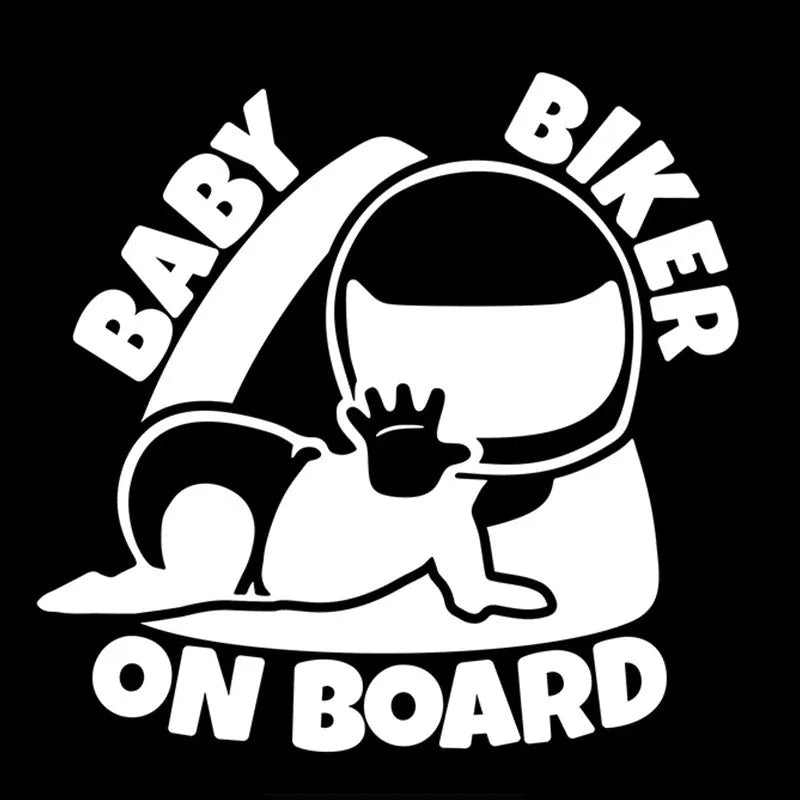 Black and white reflective Baby On Board car sticker shown at 14.5 by 15 cm size.