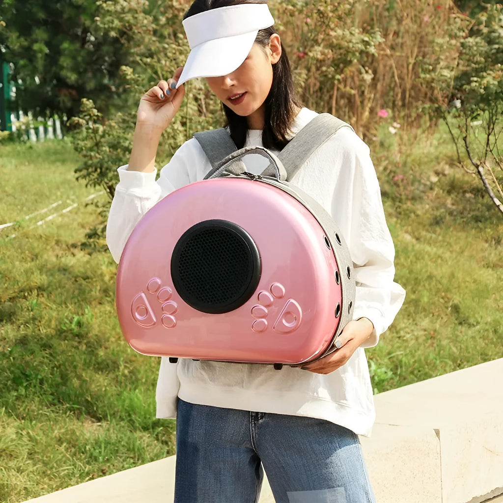 Transparent cat diaper bag in metallic rose gold colour with breathable design for pets up to 12 Jin