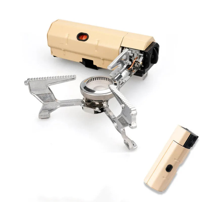 Green portable folding camping gas stove with adjustable valve on a serrated bracket, shown with its storage bag.