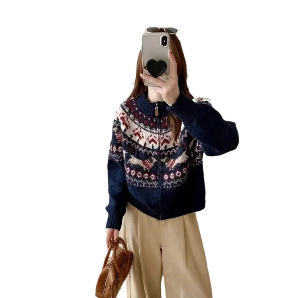 Ethnic style jacquard pullover sweater with 3D pattern in loose fit free size