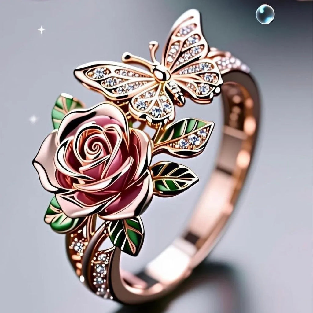 Adjustable oil drop butterfly ring with rose and floral design in alloy metal
