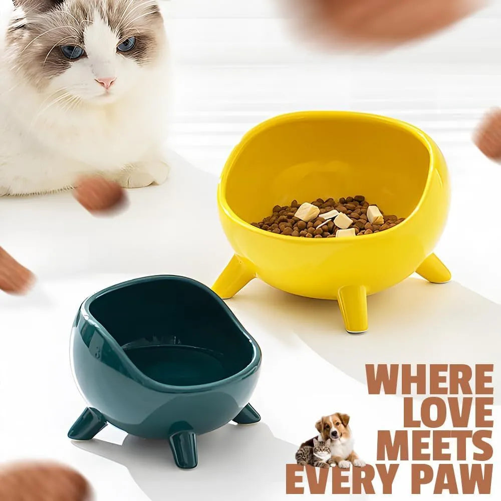 Green ceramic cat food bowl with four-legged stability base and wide mouth opening