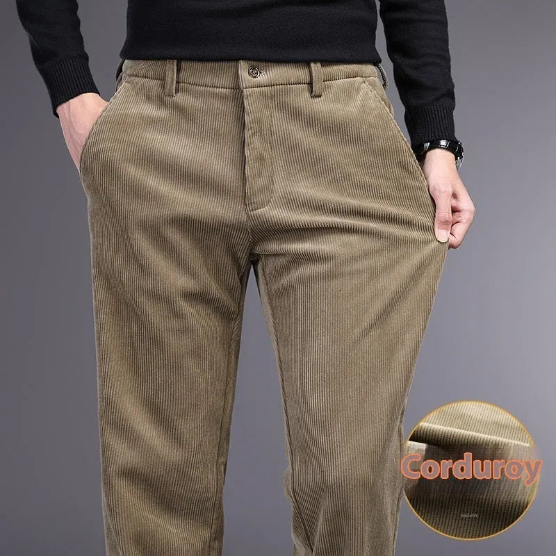 British retro striped straight leg trousers in chemical fibre blend fabric shown in khaki colour