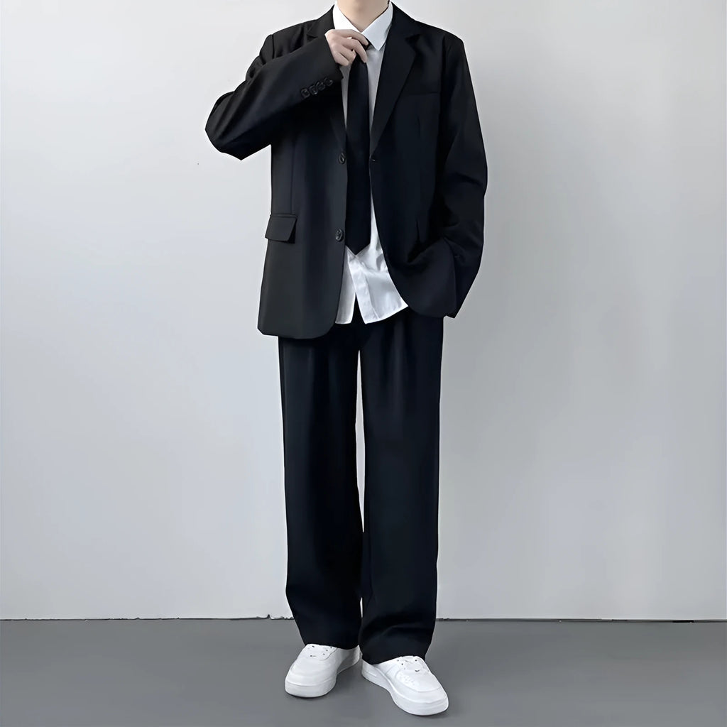 Plus size men's college style suit jacket and trousers with white shirt and tie