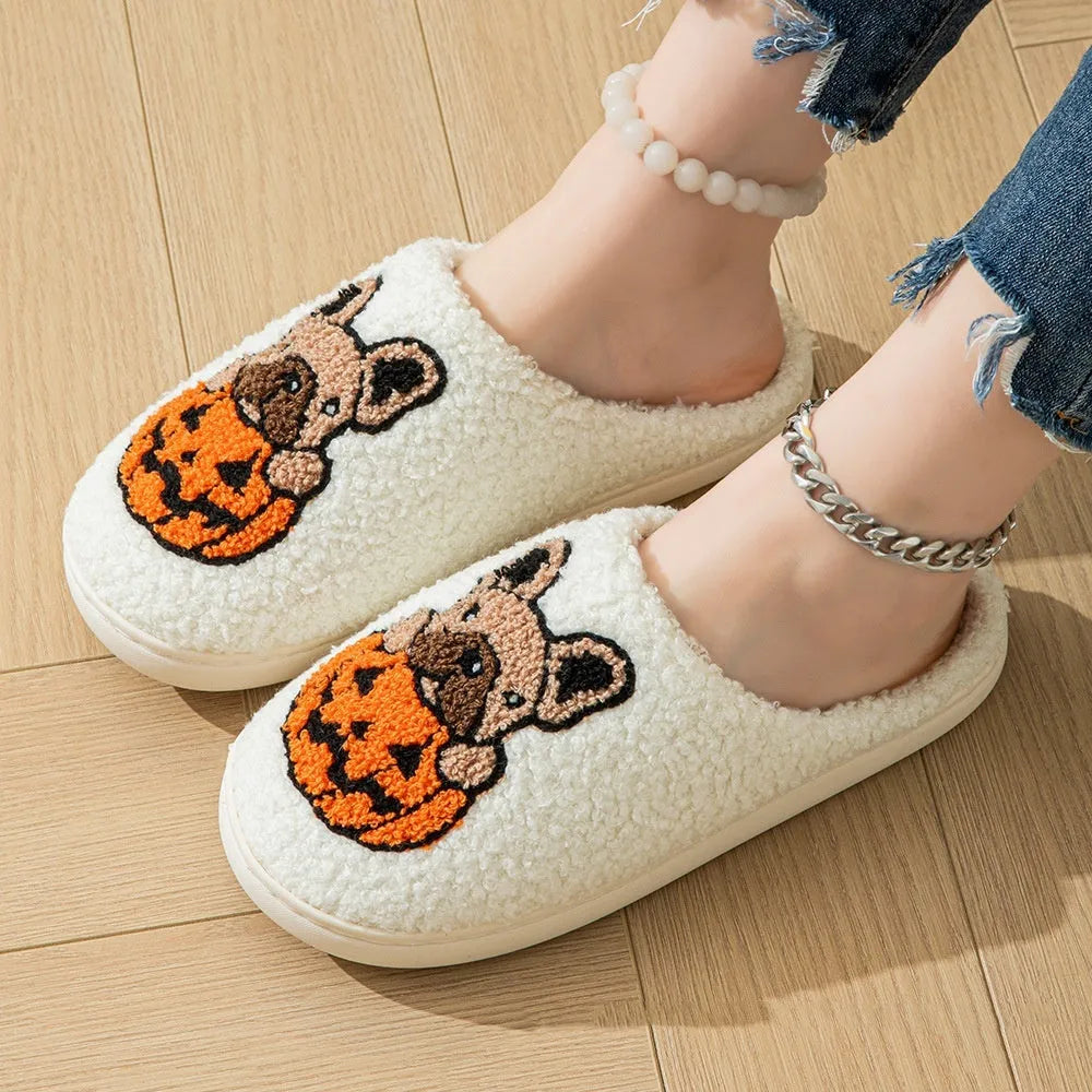 Halloween pumpkin pattern house slippers in plush velvet cotton with non-slip rubber soles