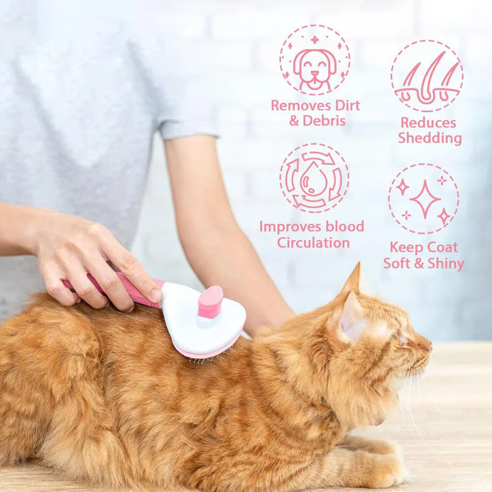 Blue cat grooming brush with a release button for removing collected pet hair.