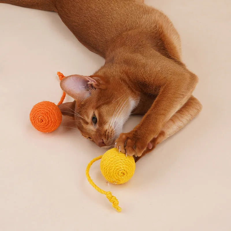 Four-piece cat toy set with teaser stick, catnip ball, and self-play toys on blue background