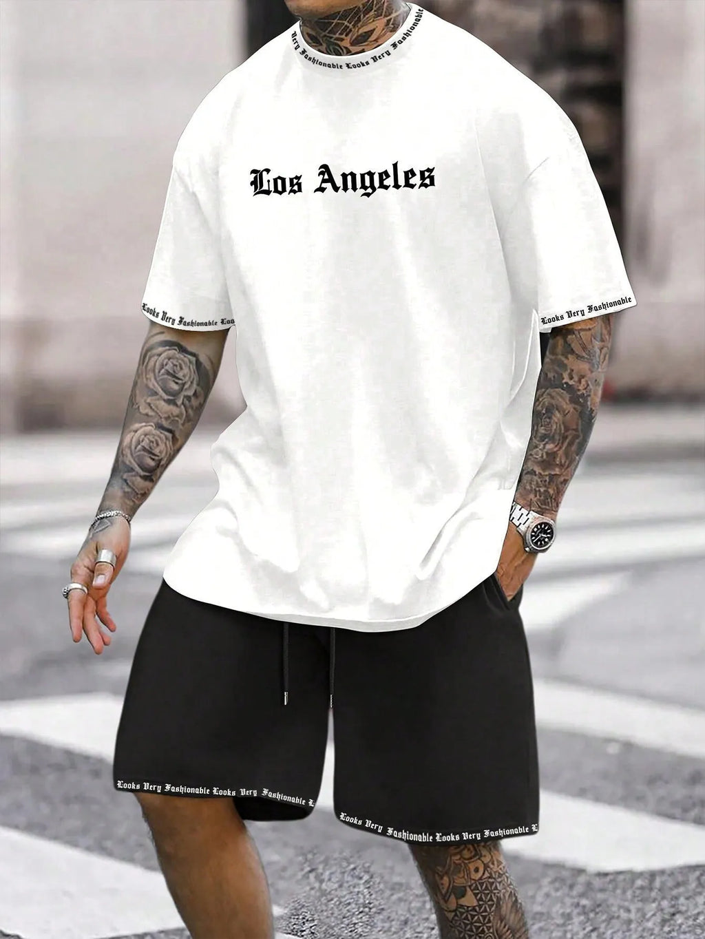 Sports style short sleeve top and shorts set in thin quick-drying fabric, shown in a printed pattern.