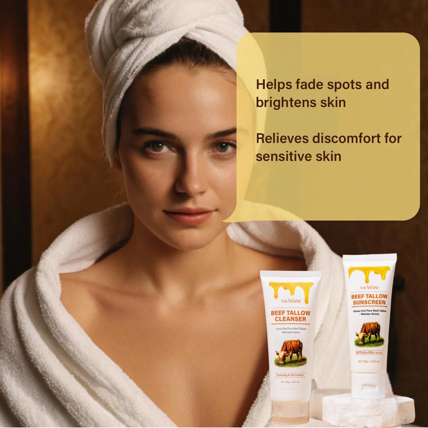 Seven-piece facial skincare set including cleanser, cream, lip balm, lotion, scrub, and beef tallow soap.