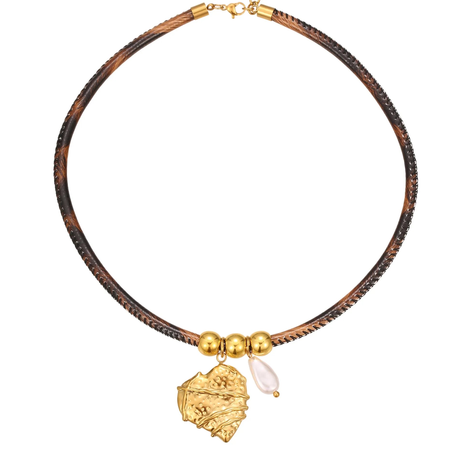 Gold plated stainless steel necklace with geometric leopard pendant and adjustable chain on white background