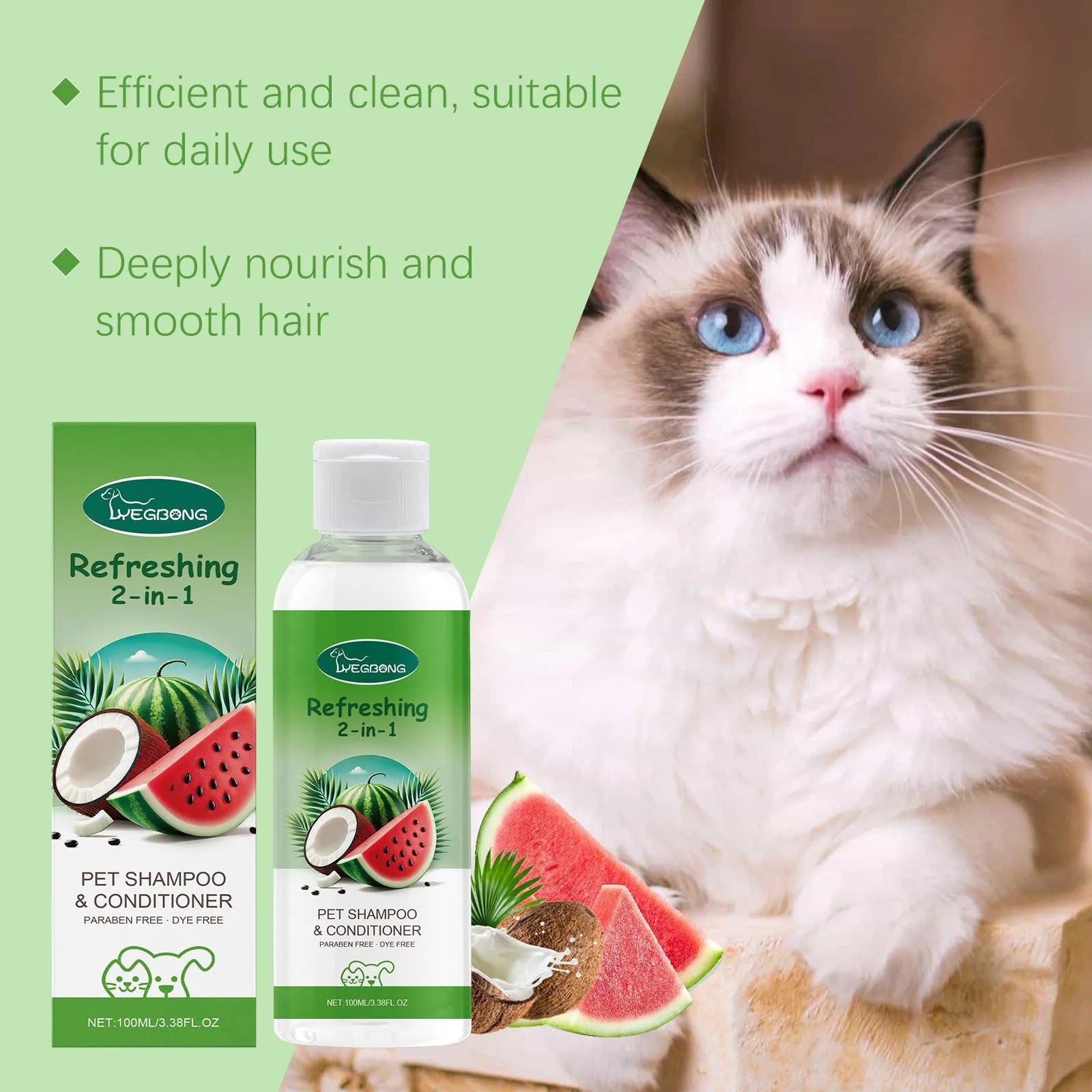 100ml pet 2-in-1 shampoo bottle with watermelon and coconut extracts measuring 3.8cm by 12.8cm