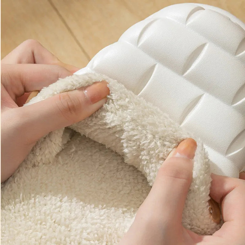 Plaid patterned detachable EVA slippers for women with plush lining and anti-skid sole.