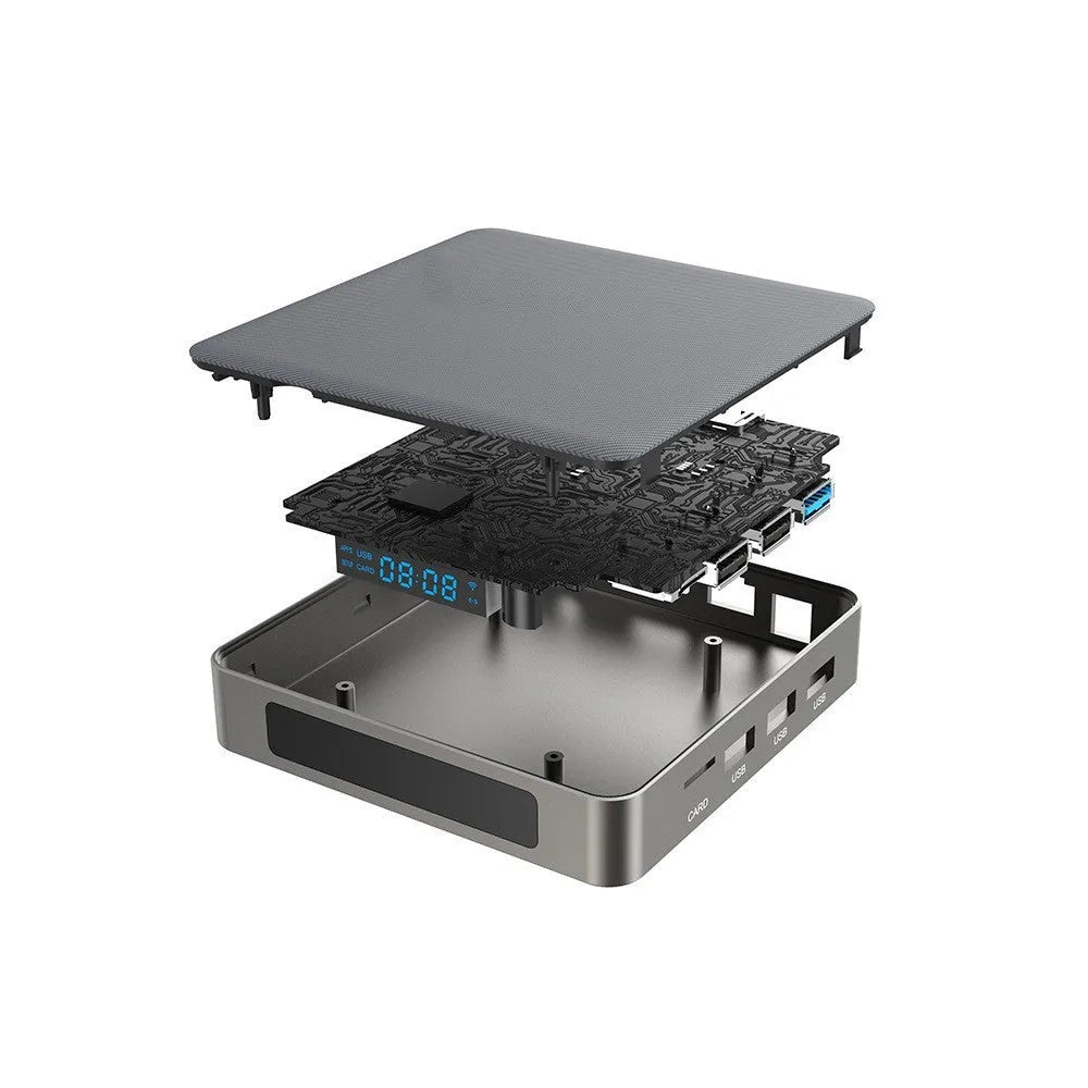 Black Android TV Box with remote, HDMI cable, and power adapter for 8K streaming.