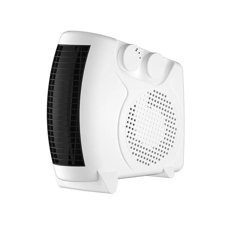 Small white desktop electric heater with control dial and grille, shown from the front.