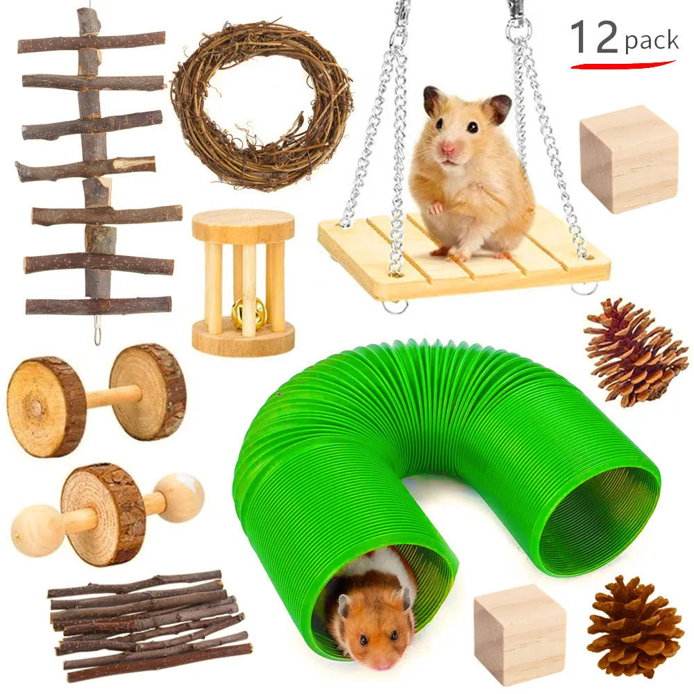 Assortment of natural wooden pet toys including straw mattresses, woven balls, and chew balls for small animals.