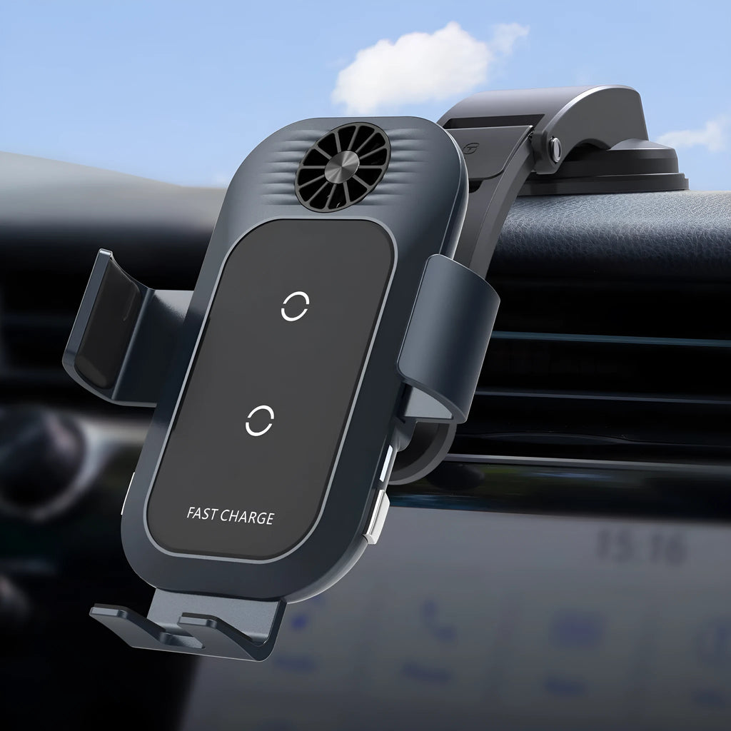 C35 grey car wireless charger phone holder mounted on air vent with automatic clamping arms and Type-C cable.