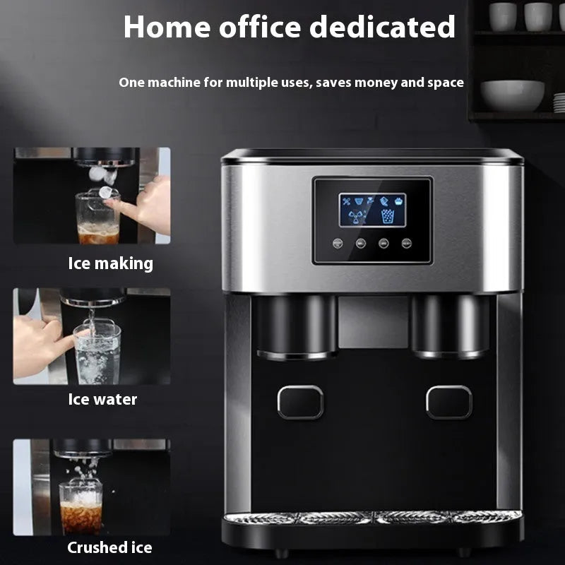 Black desktop ice maker with stainless steel trim showing ice production and water dispensing functions