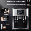 Black desktop ice maker with stainless steel trim showing ice production and water dispensing functions
