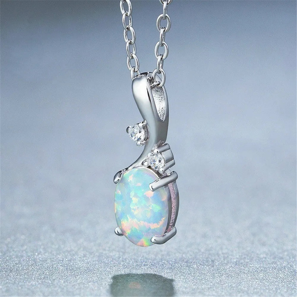 Water drop shaped opal pendant necklace on O-chain with rose gold or white electroplated finish