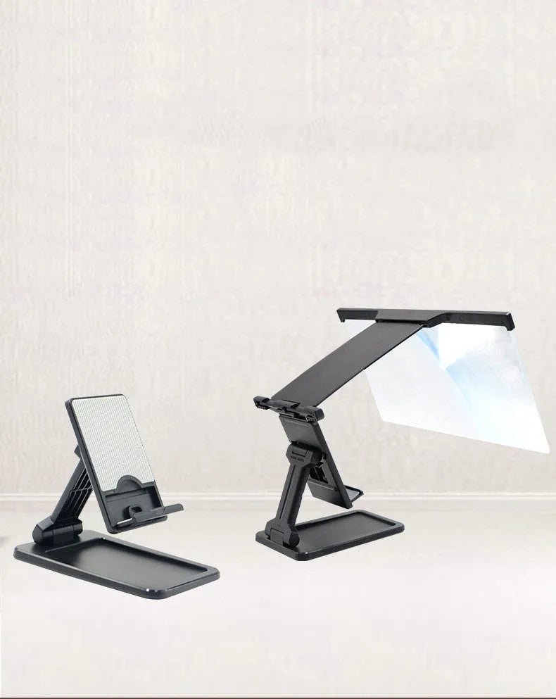 Black folding mobile phone screen amplifier with detachable holder showing 12-inch curved display