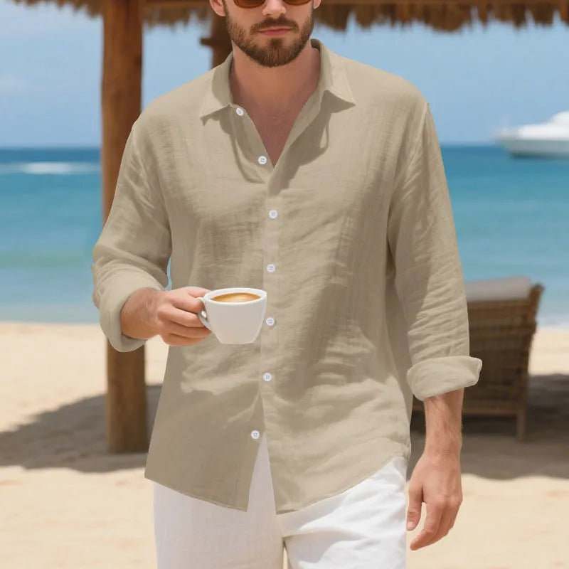Linen Hawaiian casual shirt in loose American style with non-ironing feature