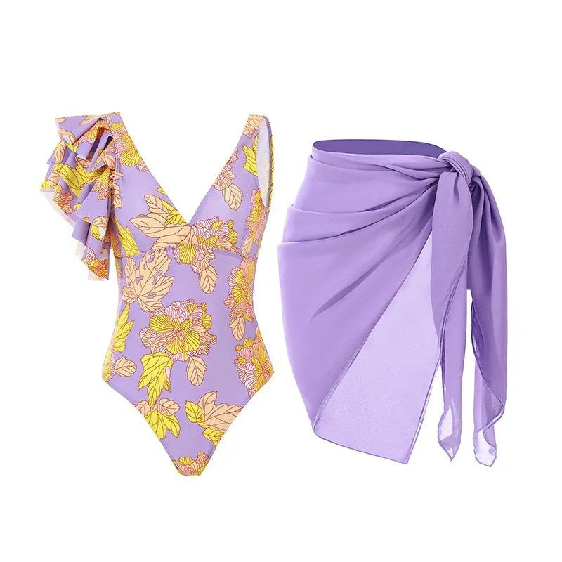 Women's solid colour spaghetti strap one-piece swimsuit with a matching skirt
