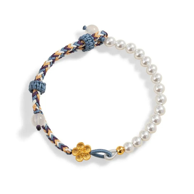 Peach-coloured Chinese flower weaving carrying strap with sterling silver electroplating and pearl details