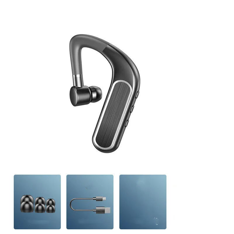 Black Bluetooth earphones with hanging ear design for running and driving activities