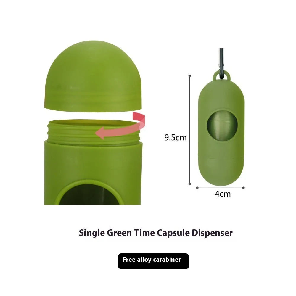 Rolls of green, black, blue, purple, and orange EPI degradable pet poo bags with a plastic dispenser.