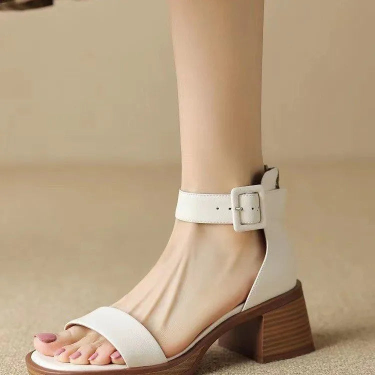 Women's retro ankle-strap platform high heels in white or khaki with round toe design
