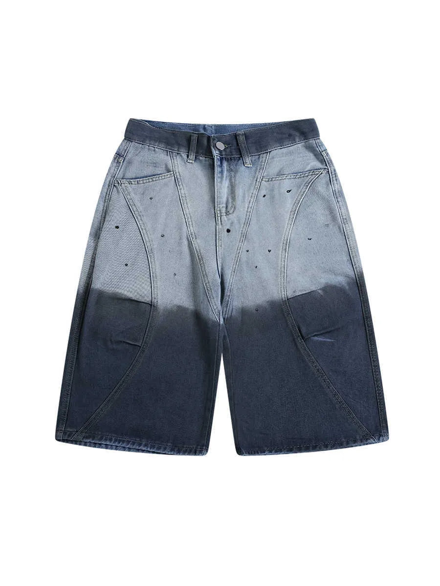 Blue tie-dye gradient cropped jeans with washed-out finish and loose fit