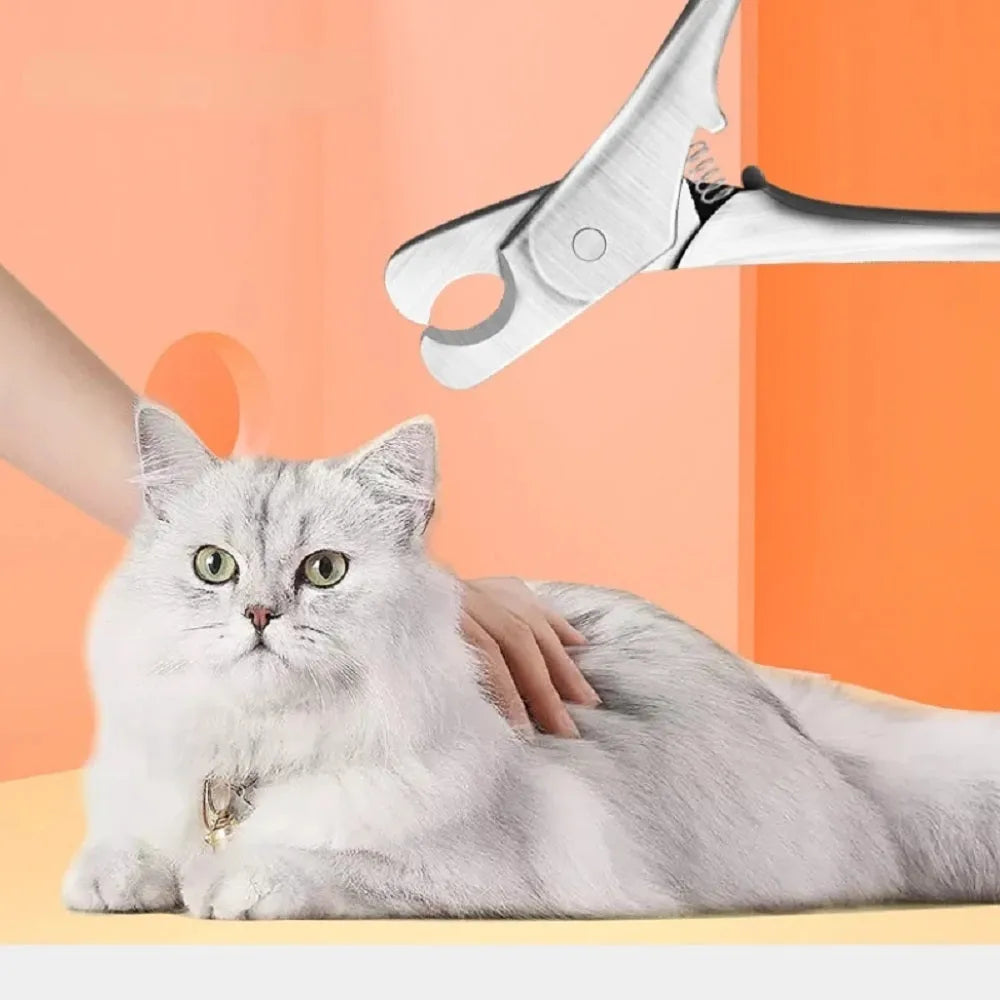 Silver stainless steel professional pet nail clipper with safety guard and finger grips.