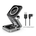Three-in-one desktop wireless charging bracket with folding design showing Apple, Samsung and Google Pixel charging areas