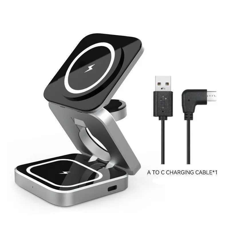 Three-in-one desktop wireless charging bracket with folding design showing Apple, Samsung and Google Pixel charging areas