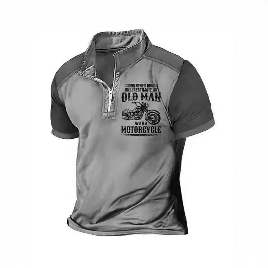 Men's casual polo shirt with zipper decorations on the lapel and a digital letter print design on the front.