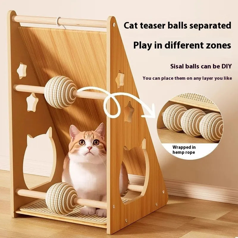 Vertical cat scratching board mounted on wall with sisal scratching surface and hemp rope toy ball