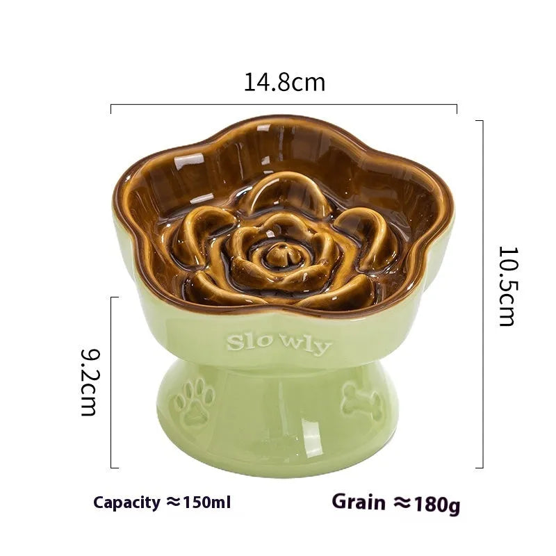 High-foot ceramic pet bowl with chin protector and anti-tumble base design