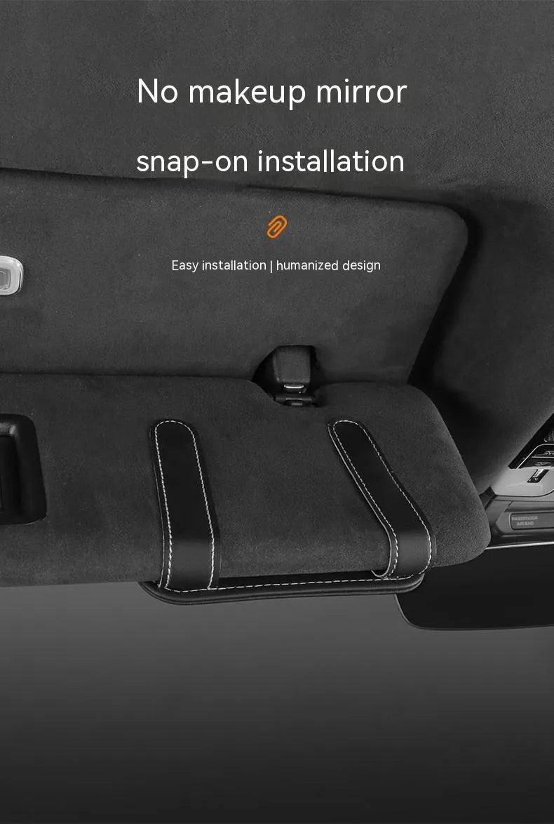 Cowhide leather car sun visor holder with card slots and integrated sunglasses clip.