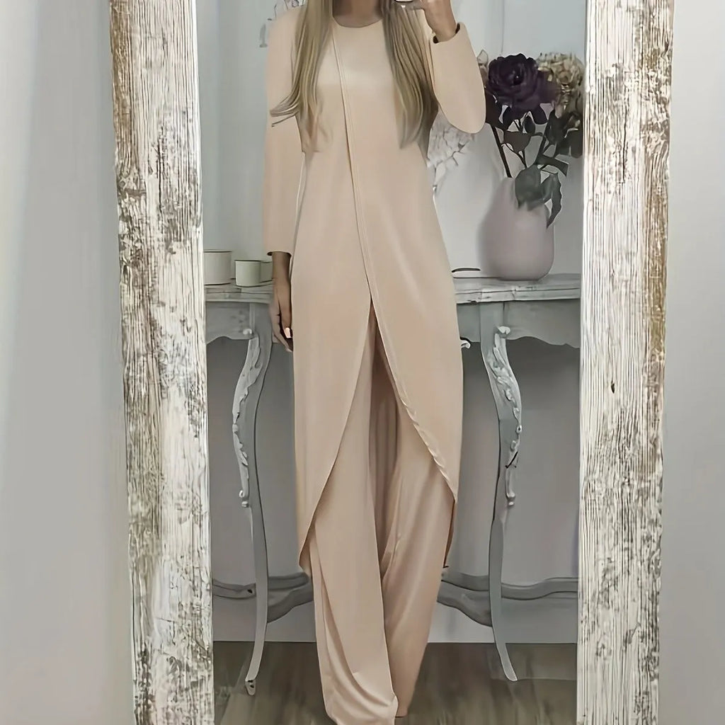 Casual polyester two-piece set showing long sleeve round neck top and matching trousers in black colour
