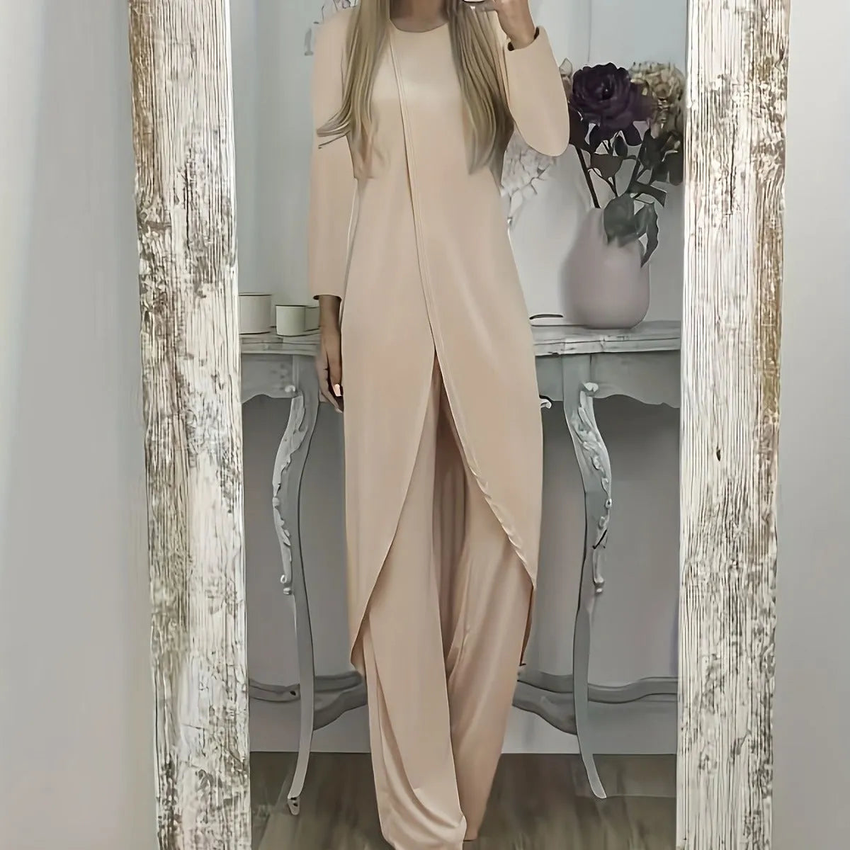 Casual polyester two-piece set showing long sleeve round neck top and matching trousers in black colour