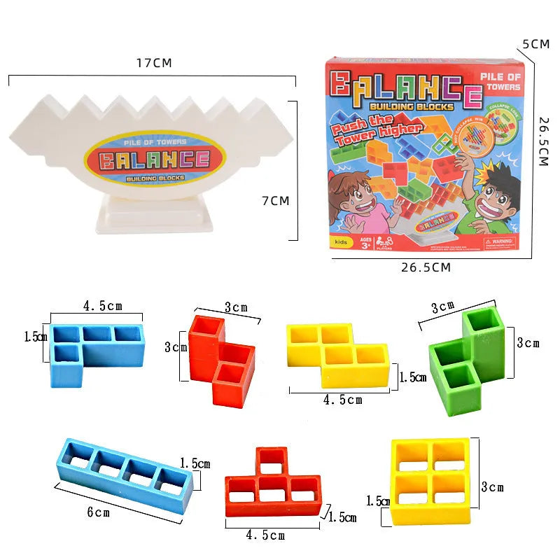 Plastic balance stacking game with 16 coloured building blocks on chassis