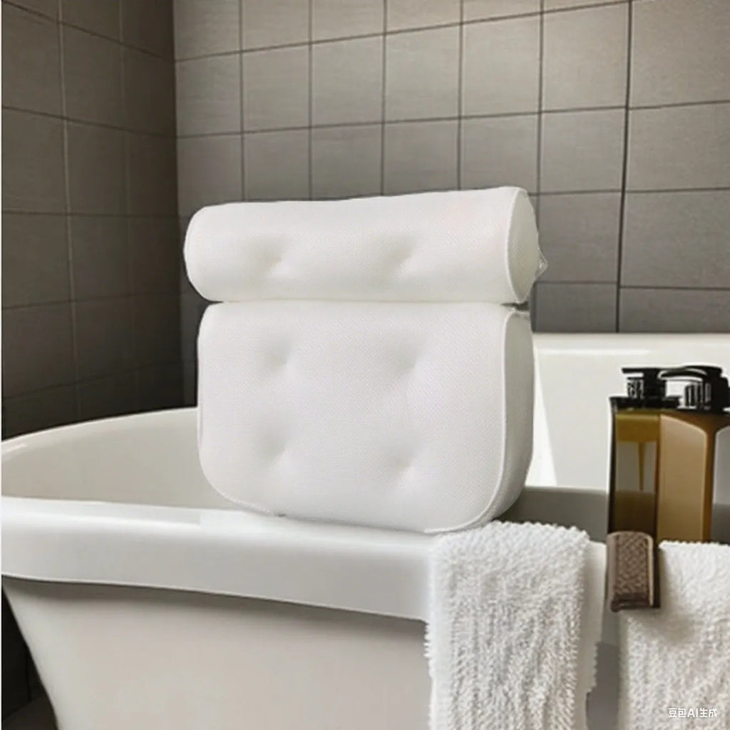 White breathable 3D bathtub pillow with seven suction cups on a bathtub edge.