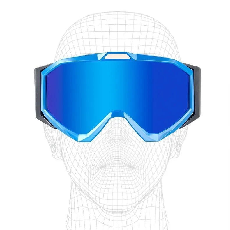 Motorcycle goggles with double-layer anti-fog lenses in a black frame with gray film, shown with its storage cloth bag.