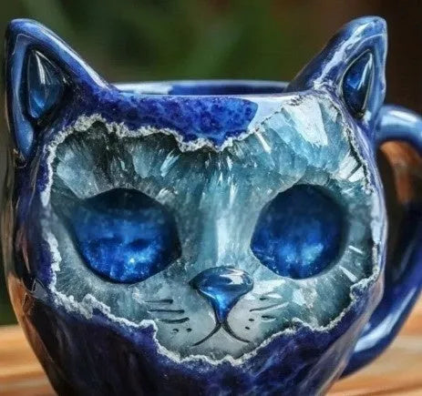 Synthetic resin geode mug with crystal pattern inside and cat design outside, shown in purple colour.