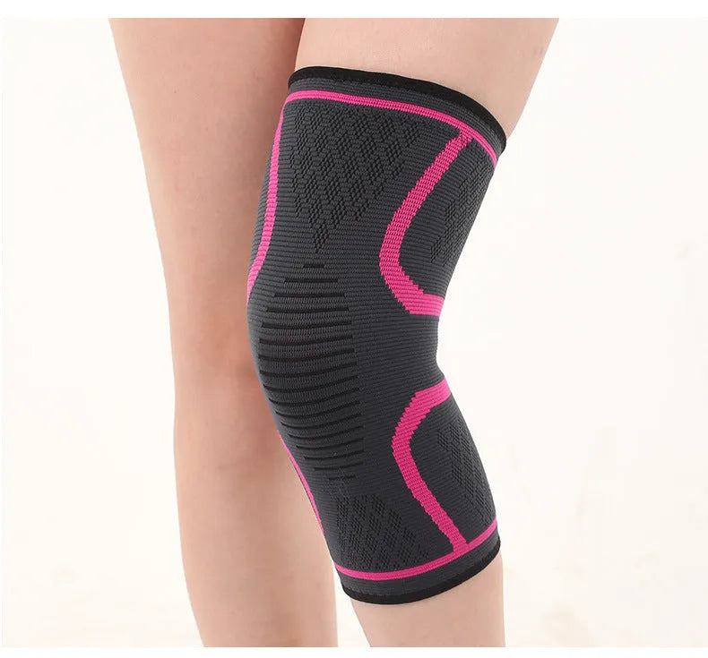 Black polyester sports kneecap with a double corrugated non-slip stretch design for basketball and running.